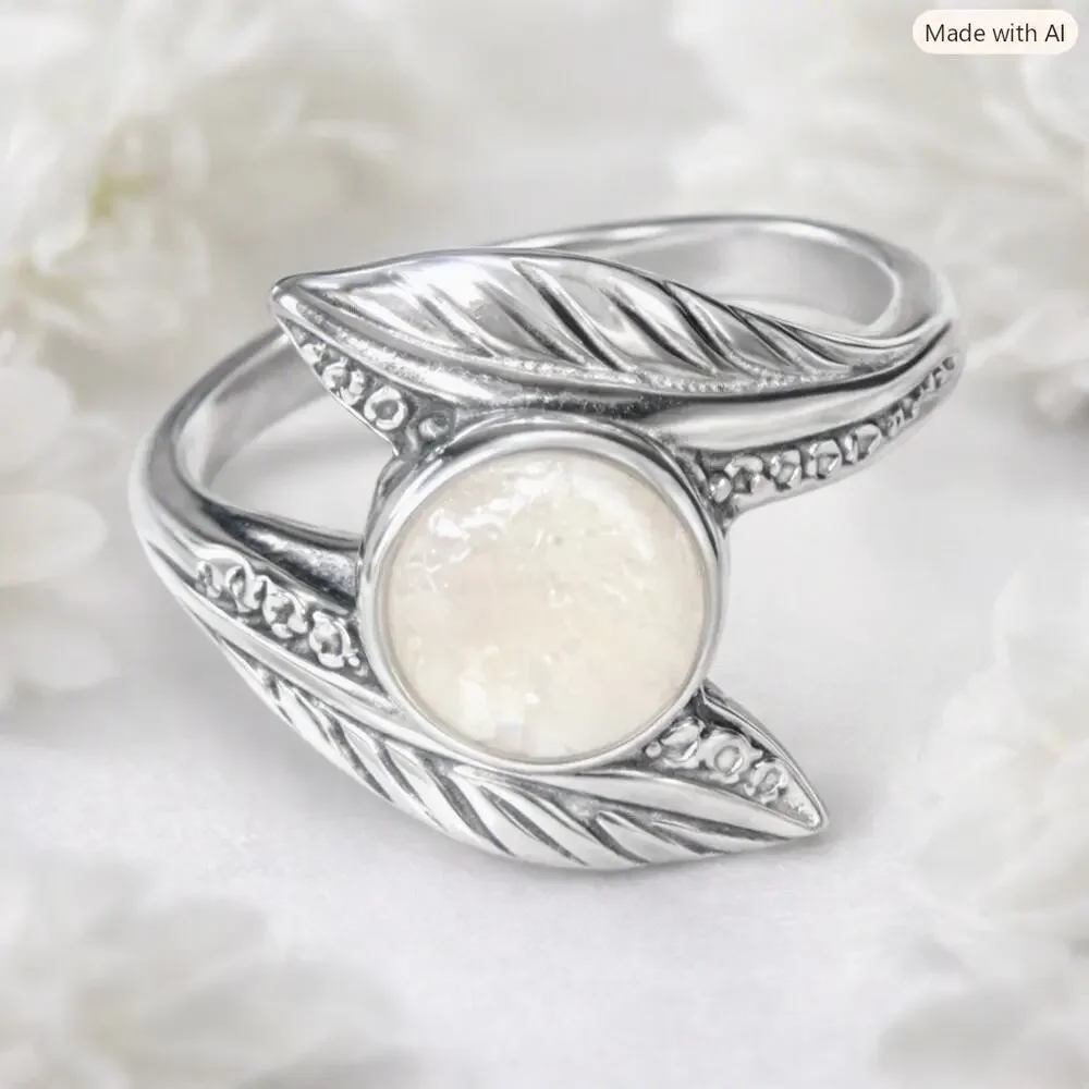 Sterling Silver Mother of Pearl Leaf Pattern Ring Size 9 Thailand